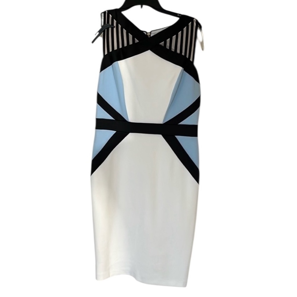 Jax size 10 blue & white color block midi dress classic sheath full back zip